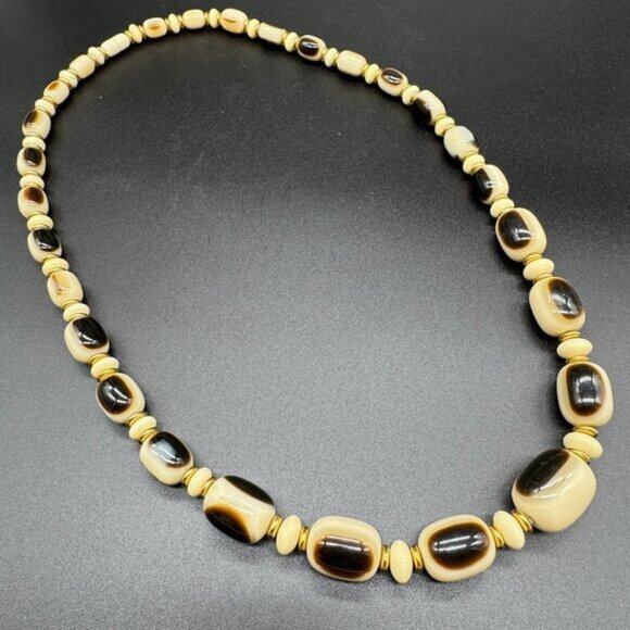 Vintage Chunky Necklace Faux Horn Plastic Beads Cream and Brown 30 inches - Picture 1 of 9